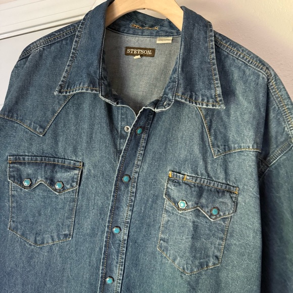 STETSON blue denim snap button up western cowboy long sleeve shirt shacket - Picture 4 of 6